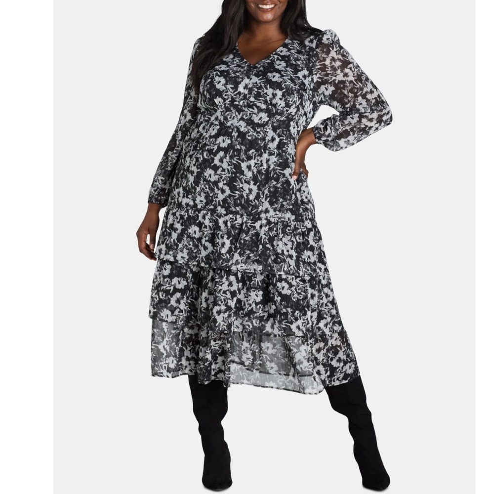 Time and Tru Black Floral Tiered Midi Dress NWT, Long Sheer Sleeve, V-Neck Large